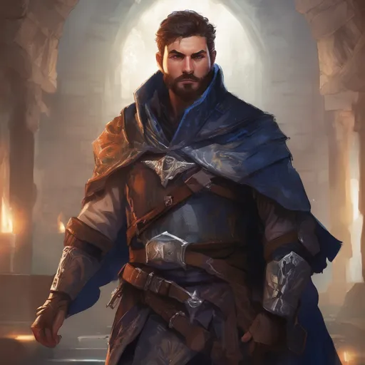 Prompt: (Full body) male stocky mage-hunter with short-cut hair and beard, in a dark magic temple dungeon, wearing big shoulderguards, pathfinder, d&d setting, in a realistic digital art style