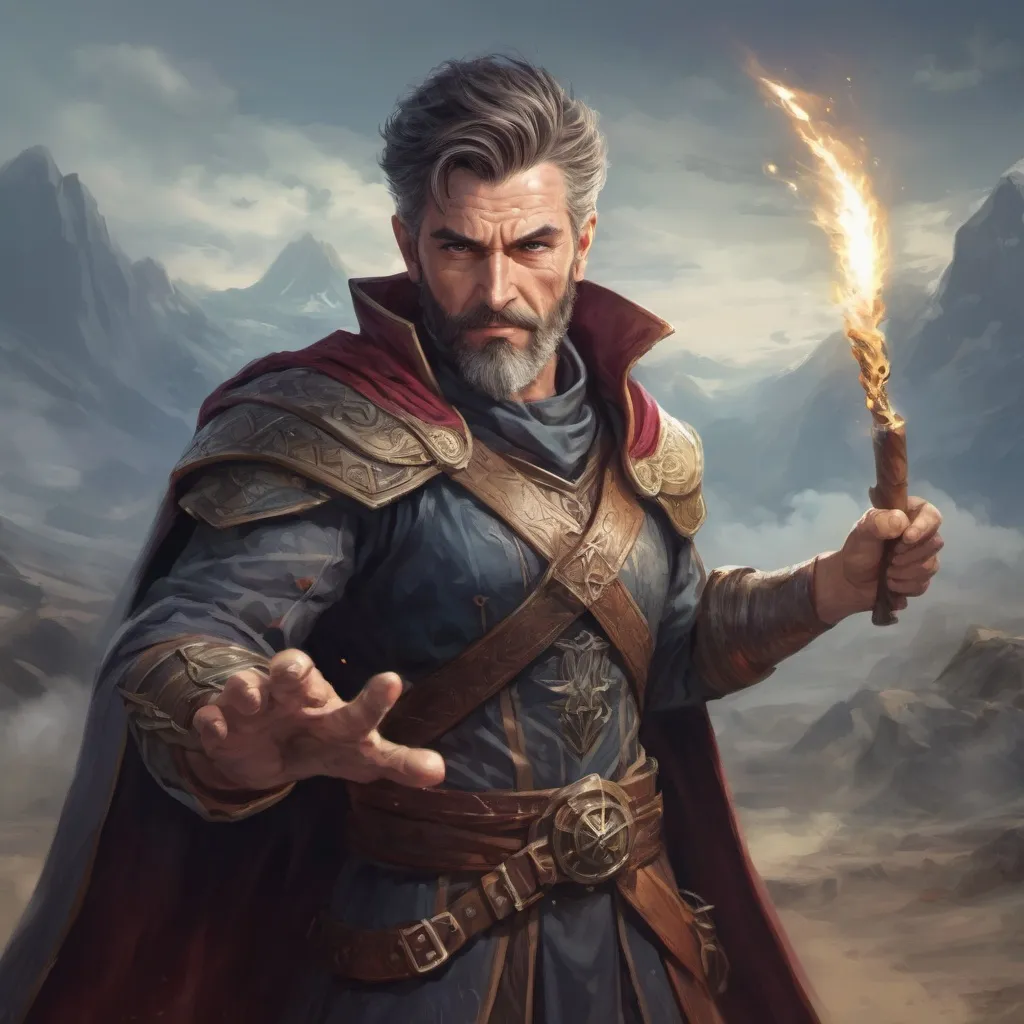 Prompt: Male large mature handsome battlemage with short hair and beard, casting a wind-spell out of hands on a battlefield, pathfinder, d&d setting, in a realistic high quality digital art style, colorful