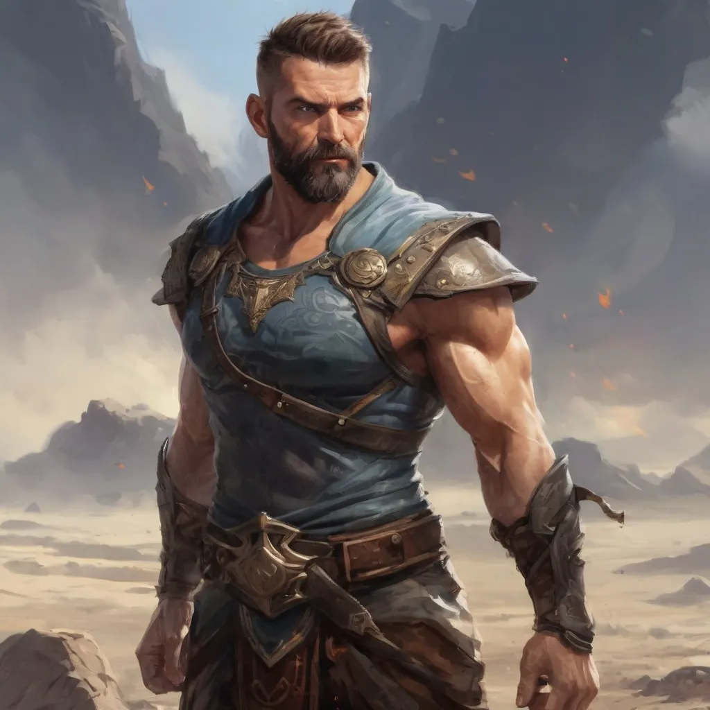 Prompt: (head and torso) Male heavy-set muscular fit 37-year old hunky druid with short-cut hair and beard, chest-hair, holding magic-spell, in a windy battlefield, pathfinder, d&d setting, enhanced shadow quality