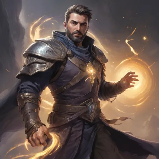 Prompt: (torso) Male stocky large fit 37-year old eidolon-summoner with short-cut hair and beard, casting a magic-ray out of hands in a windy path, pathfinder, d&d setting, in a realistic high quality digital art style, enhanced shadow quality, colorful