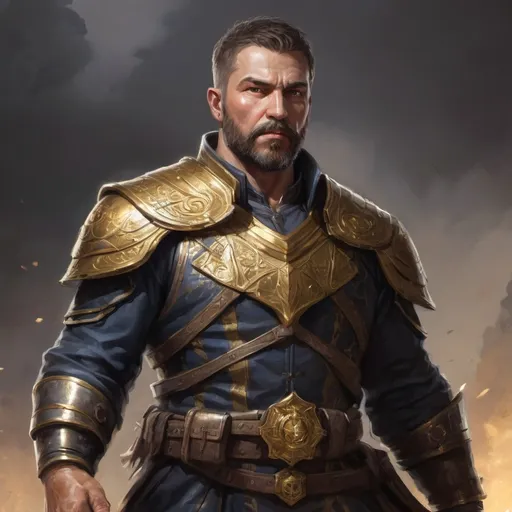 Prompt: Male stocky heavy-set mature illutionist with short-cut hair and beard, on a battlefield, in combat, casting a gold-spell, pathfinder, d&d setting, in a realistic high quality digital art style, enhanced shadow quality