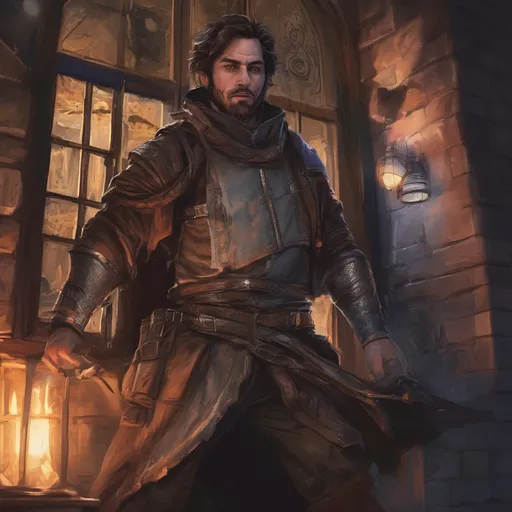 Prompt: (Full body) male stocky rogue with short hair and beard, sneaking into a castle window at night, pathfinder, d&d setting, in a realistic digital art style