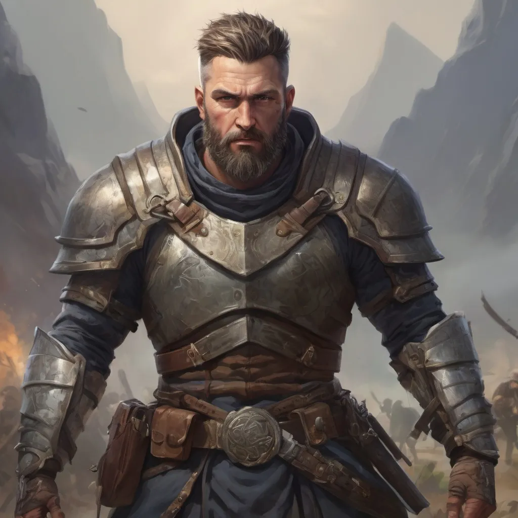 Prompt: Male heavy-set mature marskman with short-cut hair and beard, on a battlefield, in combat, pathfinder, d&d setting, in a realistic high quality digital art style, enhanced shadow quality, colorful