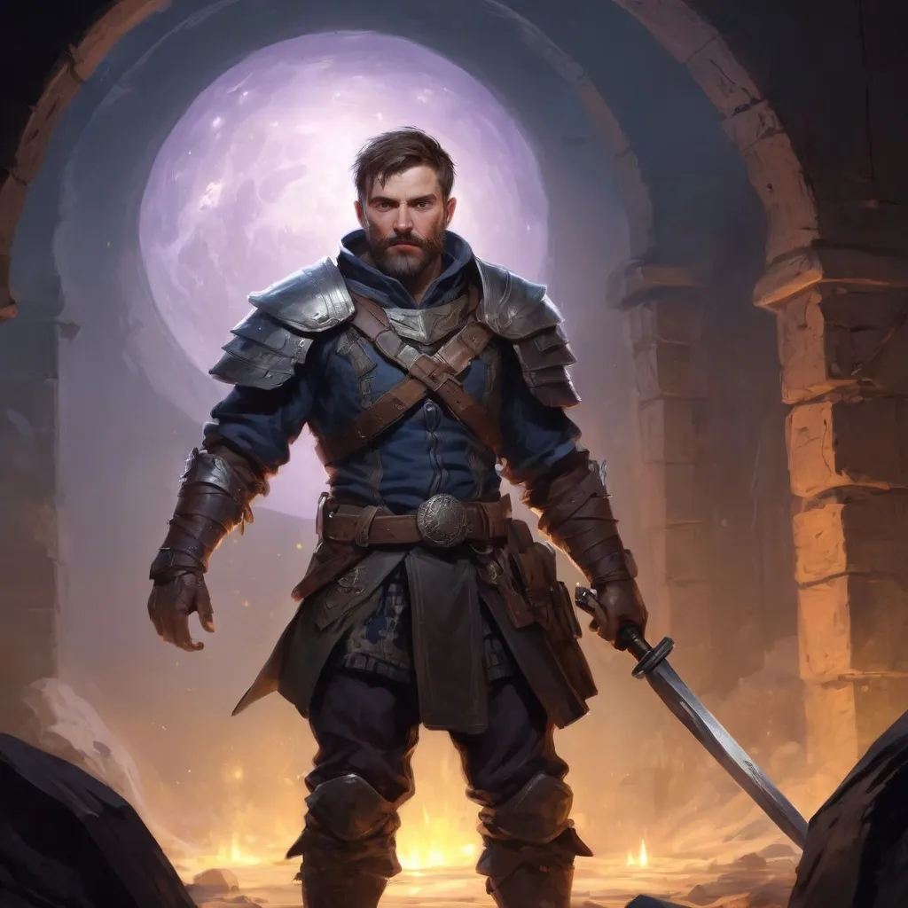 Prompt: Male stocky large mature scottish fighter with short-cut hair and beard, exploring a dark astral magical dungeon in combat, pathfinder, d&d setting, in a realistic high quality digital art style, enhanced shadow quality