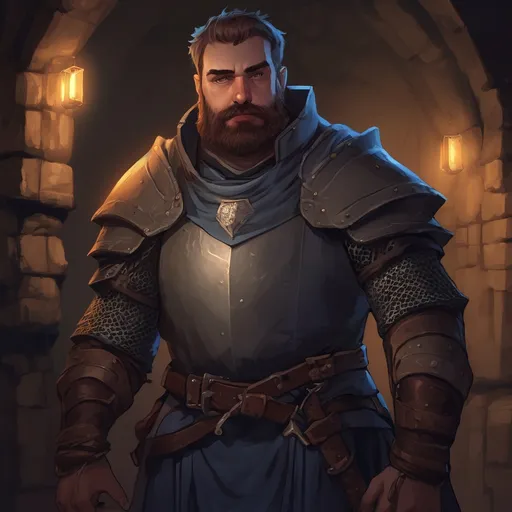 Prompt: (Full body) male stocky big-chested knight with short hair and beard, in a dungeon at night, pathfinder, d&d setting, in a realistic digital art style