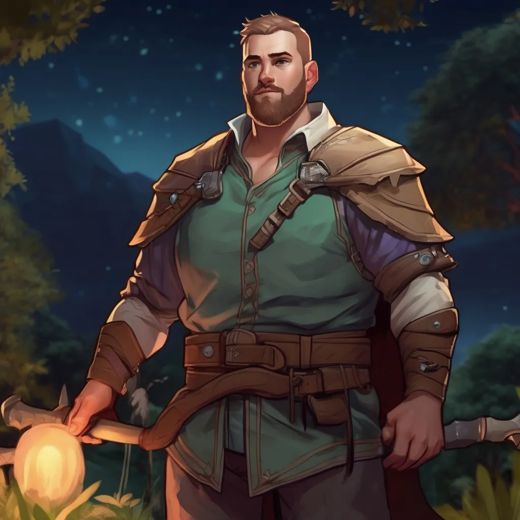 Prompt: (Full body) male stocky big-chested paladin with short hair and beard, thin open shirt on, in nature at night, pathfinder, d&d setting, in a realistic digital art style