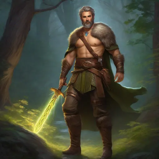 Prompt: (Full body) A male druid hairy bare chest short-cut salt and pepper hair with short-beard manly face, pathfinder, magic swirl, holding weapon, dungeons and dragons, brown boots, fantasy setting, standing in a forest glade at night, in a painted style realistic art