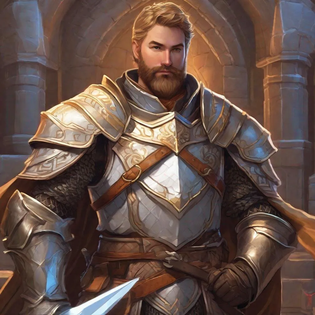 Prompt: (Torso and face) A male cleric with dark-blonde short hair and beard, cloth armor, pathfinder, dungeons & dragons, in a detailed realistic digital art style