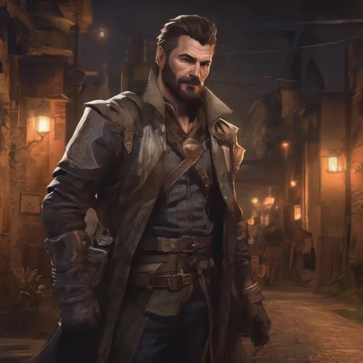 Prompt: (Full body) male handsome muscular Noble thief with light brown short hair and beard, in a small town at night, pathfinder, d&d setting, in a realistic high quality digital art style