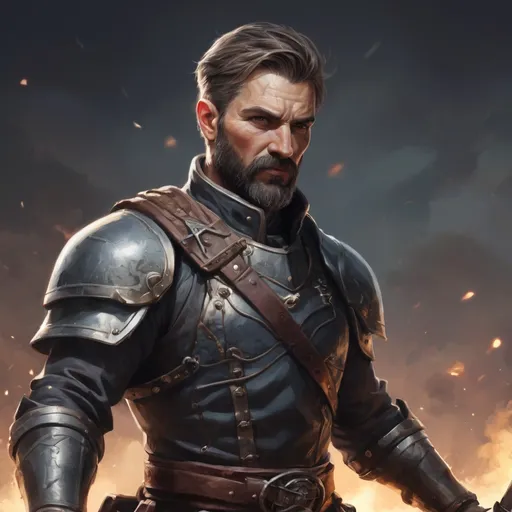 Prompt: (torso) Male heavy-set mature fit magical halbardier with short-cut hair and beard, holding fantasy-weapon, in movement, in a windy battlefield, pathfinder, d&d setting, enhanced shadow quality