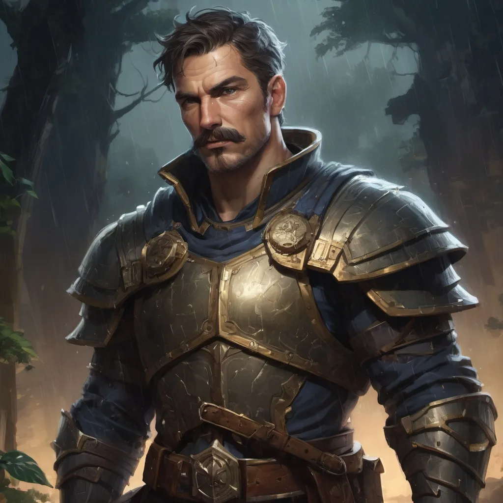 Prompt: Male stocky muscular mature paladin, with short hair and mustache, by a tower ruin in a forest at night in a rainstorm, pathfinder, d&d setting, in a realistic high quality digital art style, enhanced shadow quality, colorful