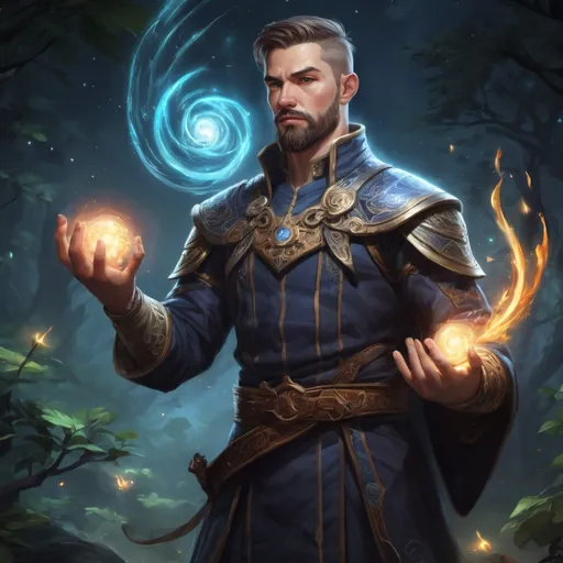 Prompt: (Full body) male stocky young muscular cleric with short-cut hair and a beard, casting a swirly astral-spell, in nature at night pathfinder, d&d setting, in a realistic digital art style
