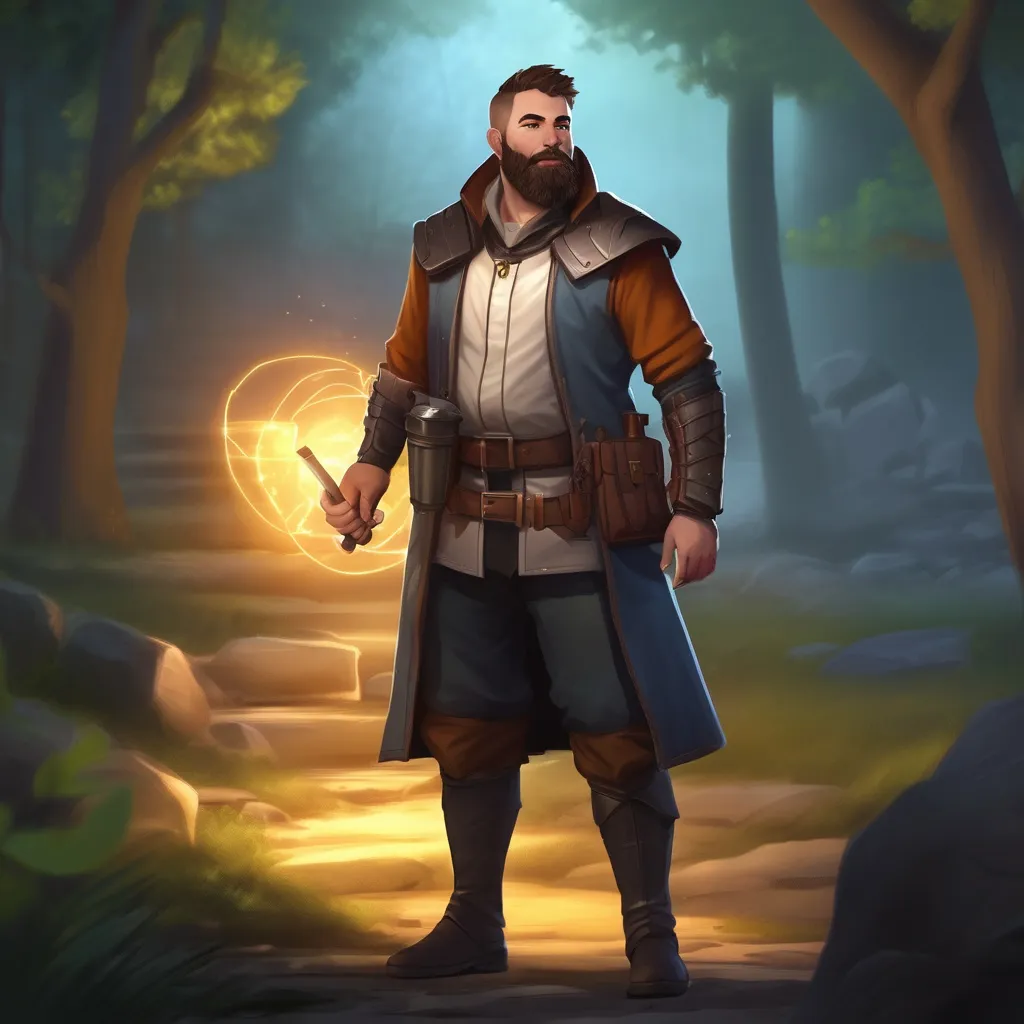 Prompt: (Full body) male stocky magical engineer with short hair and beard, in dark lit nature background, pathfinder, d&d setting, in a realistic digital art style