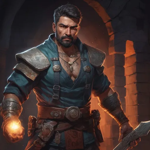 Prompt: Male stocky large mature mexican fighter with short-cut hair and beard, exploring a dark astral dungeon, pathfinder, d&d setting, in a realistic high quality digital art style, enhanced shadow quality, colorful