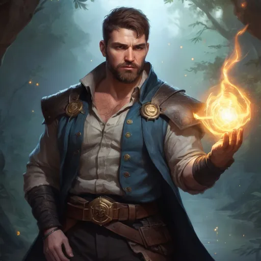 Prompt: Male stocky large fat templar with short-cut hair and beard, open shirt hairy chest, in combat casting a magic-ray out of hands in nature at night, pathfinder, d&d setting, in a realistic high quality digital art style, enhanced shadow quality, colorful