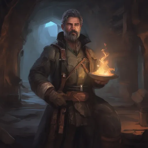 Prompt: (Full body) male stocky middle-aged magical artificer with black short-cut hair and beard, in a dark underground, pathfinder, d&d setting, in a realistic digital art style