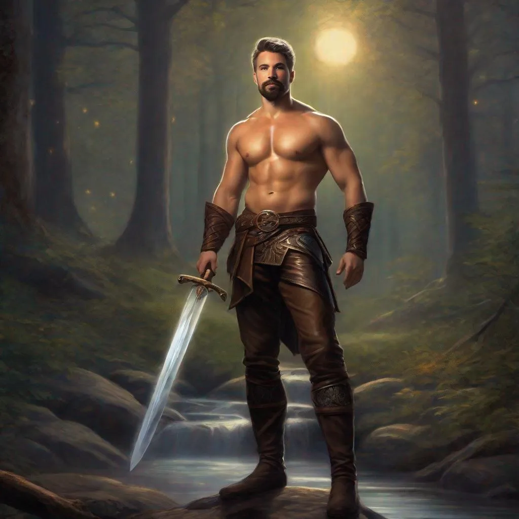 Prompt: (Full body) a fuzzy hairy-chested gay fighter with short beard  grey short-cut hair no shirt on, belt, boots, leather pants, holding a sword, standing in a forest glade at night, fantasy setting, dungeons & dragons, in a painted style realistic art