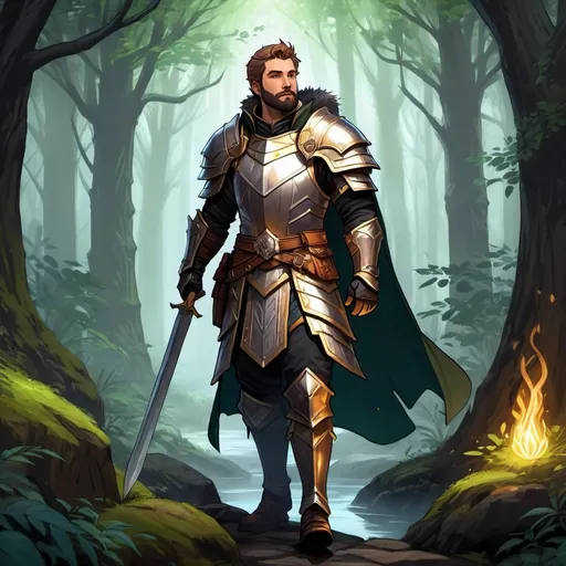 Prompt: (Full body) male paladin with short hair and beard, with a hairy chest, exploring a dark fantasy forest, pathfinder, d&d setting, in a detailed digital art style