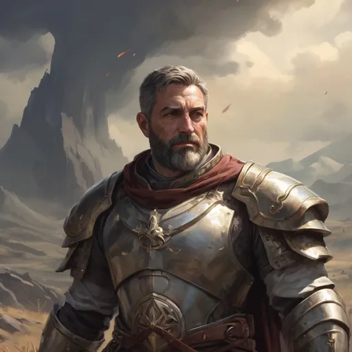 Prompt: Male heavy-set mature fit paladin with short-cut hair and beard, casting healing-magic out of hands , in a windy battlefield, pathfinder, d&d setting, enhanced shadow quality