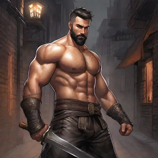 Prompt: (Full body) handsome large martial fist fighter, glowing eyes with short cut hair with grey streaks short beard, manly face, no shirt, no armour, leather pants, hairy chest, pathfinder, dungeons and dragons, in a dark back street, in a painted style, realistic