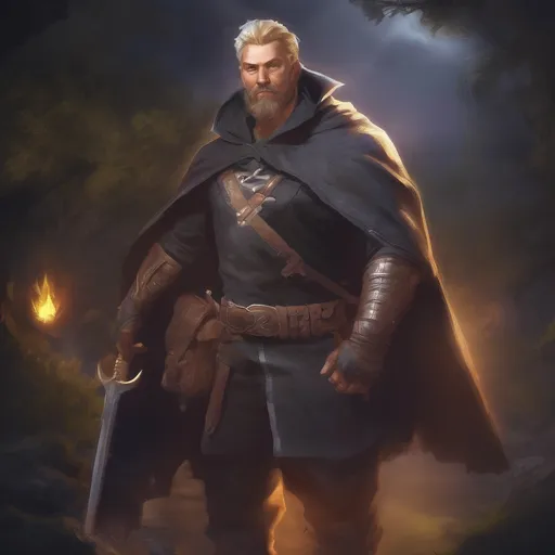 Prompt: (Full body) male stocky Noble thief with blonde short hair and beard, in nature at night, pathfinder, d&d setting, in a realistic digital art style