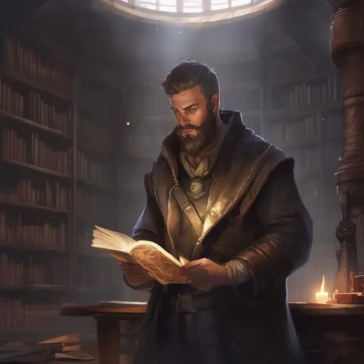 Prompt: (Full body) male stocky summoner with striped short hair and beard, casting a swirly light spell, in a dark library, pathfinder, d&d setting, in a realistic digital art style