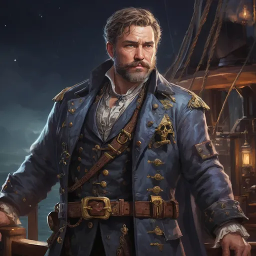 Prompt: male stocky heavy-built large fat mature pirate captain with short hair and beard, wearing magic coat, on a ship by land at night, pathfinder, d&d setting, in a realistic high quality digital art style