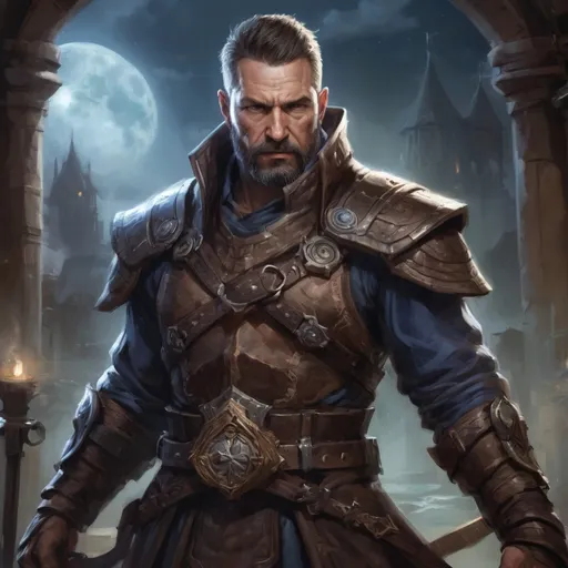 Prompt: (torso) Male stocky large beefy 42-year old battle-mage with short hair and beard, hairy chest, engaged in combat casting an magical arcane-spell, villiage under siege at night, in movement, pathfinder, d&d setting, realistic, enhanced shadow quality, colorful