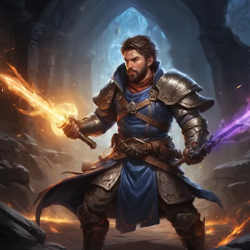 Prompt: Male stocky large battle-mage with short-cut hair and beard, wearing chainmail, engaged in combat casting a prismatic-spell inside of a dark dungeon, pathfinder, d&d setting, in a realistic high quality digital art style, enhanced shadow quality, colorful