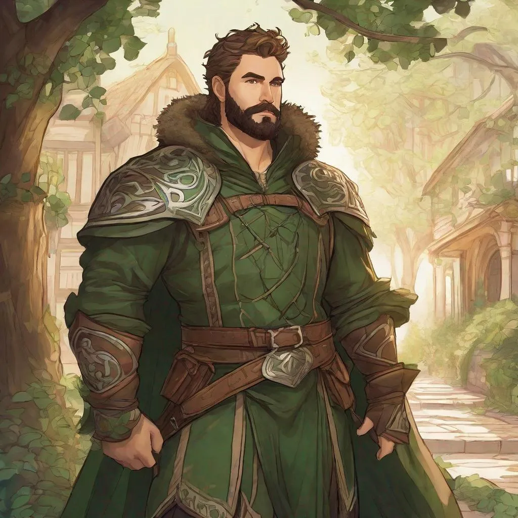 Prompt: (Full-body) a handsome large burly hairy male druid with short hair and short beard, magic light swirl in one hand, wearing dark forest-green armor with vines and wooden details, visible chest hair, brown cloak, boots, street in a town at night, in a shaded painted style