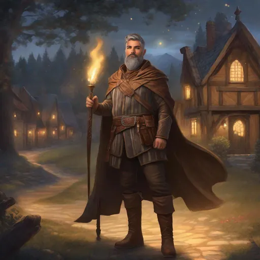 Prompt: (Fullbody) male adult noble manly face short-hair grey stripes, bearded, leather shirt open shirt, heavy belt , swirly magic, brown boots, cloak, pathfinder, dungeons and dragons, outside a town by a forest at night, holding a weapon, in a painted style, realistic