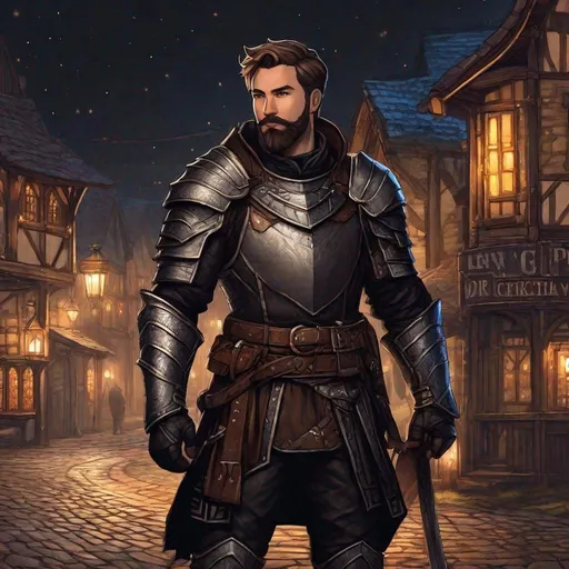 Prompt: (Full body) handsome fighter with short hair and beard , leather armor, pathfinder, dungeons and dragons, standing outside of a small town at night, in a digital realistic painted style