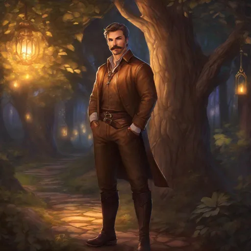 Prompt: (Full body) A male inventor with short cut hair with a mustache and stubble manly face, pathfinger, magic swirl, visible chest, leather pants, holding magic, dungeons and dragons, brown boots, fantasy setting, standing in a forest glade at night, in a painted style realistic art