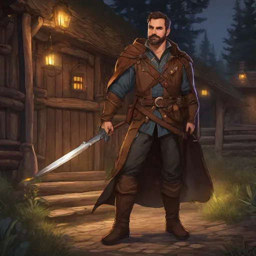 Prompt: (Fullbody) ranger hairy manly face looks like johnny lee miller, short-hair, short-bearded, leather shirt, open shirt, heavy belt, brown boots, cloak, pathfinder, dungeons and dragons, monocle, outside a tavern by the woods at night, holding a weapon, in a painted style, realistic