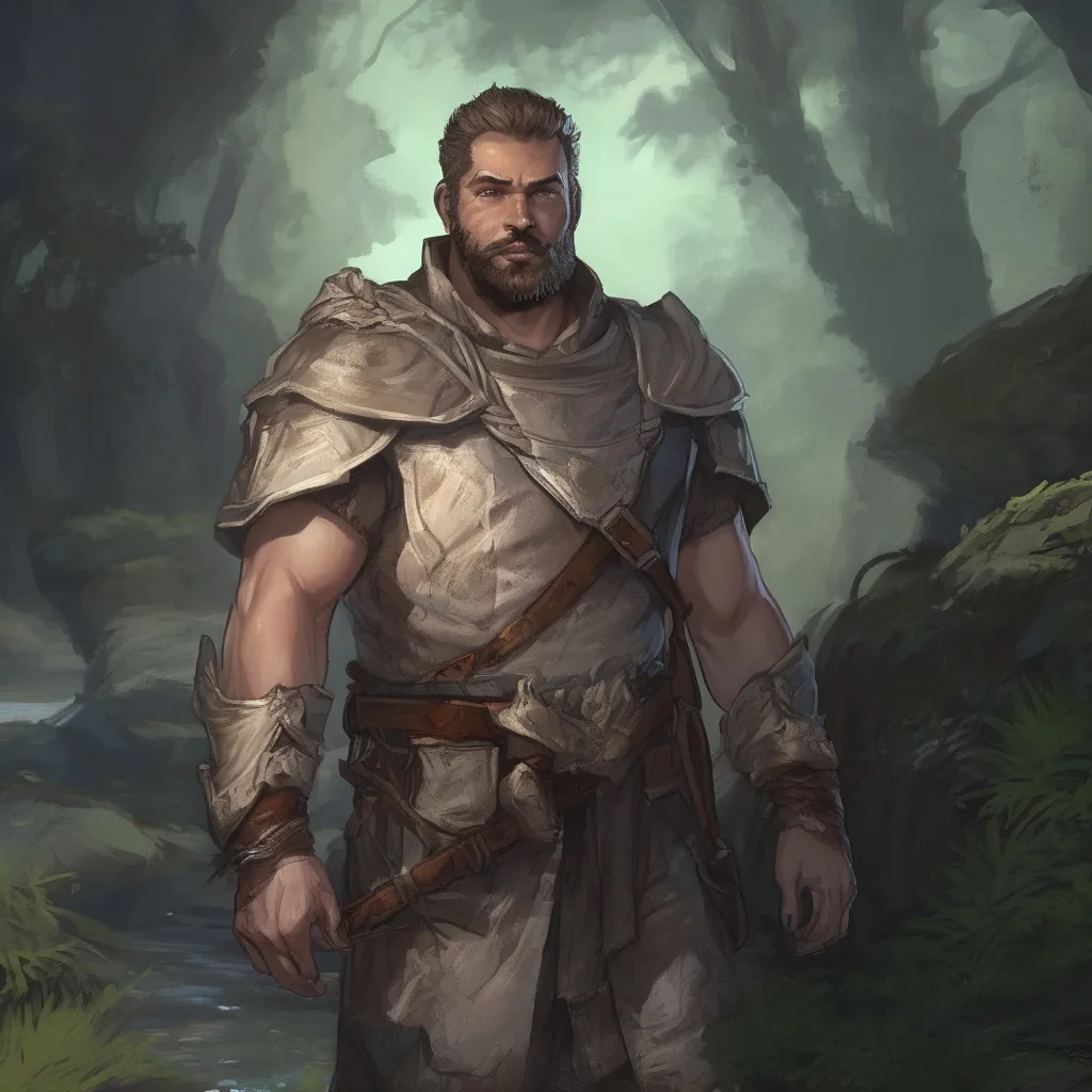 Prompt: (Full body) male stocky big-chested hairy-chested paladin with short hair and beard, open shirt, in nature at night, pathfinder, d&d setting, in a realistic digital art style