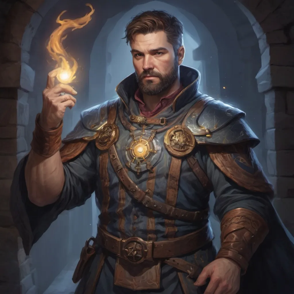 Prompt: (torso) Male stocky large handsome Astrologist with short-cut hair and beard, casting a spell inside a dungeon, pathfinder, d&d setting, in a realistic high quality digital art style, enhanced shadow quality