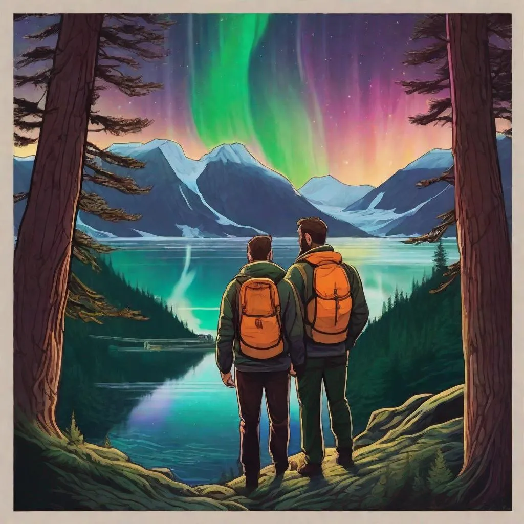 Prompt: Colourful picture of two handsome man with short brunette hair and a beard in love with each other, hiking a norwegian mountain, are surrounded by Sitka Spruce trees, fjord in the distance, framed by northern lights, in a painted style