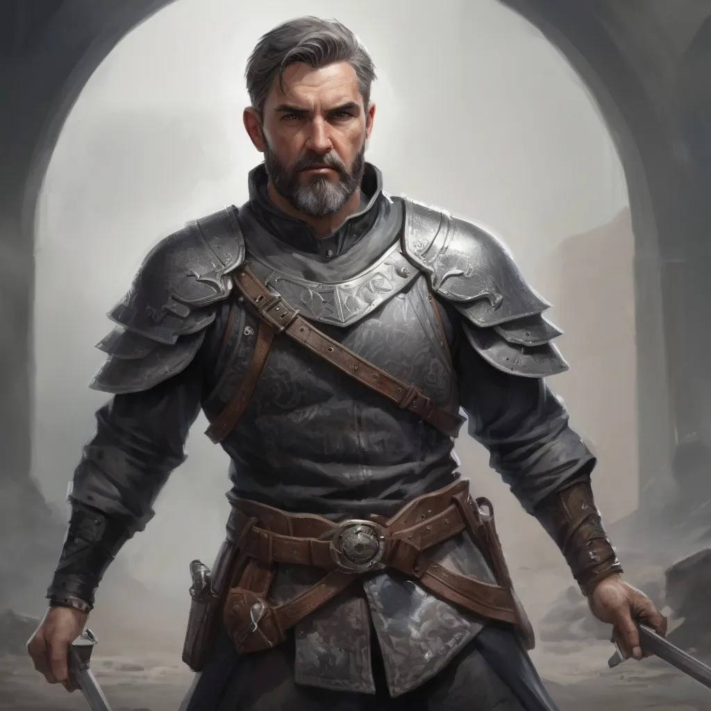 Prompt: Male stocky heavy-set mature illutionist with short-cut hair and beard, on a battlefield, in combat, casting a grey-spell, pathfinder, d&d setting, enhanced shadow quality, realistic