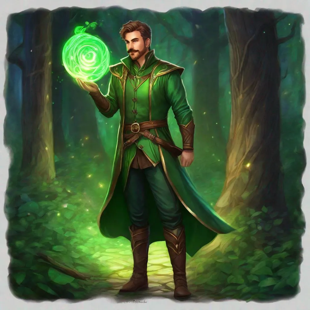 Prompt: (Full body) A male green mage with short cut hair with a mustache and stubble manly face, pathfinger, magic swirl, leather pants, holding magic, dungeons and dragons, brown boots, fantasy setting, standing in a forest glade at night, in a painted style realistic art