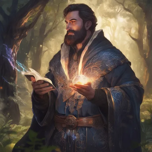 Prompt: (Full body) male stocky large magical Cleric with short-cut hair and beard, casting a magical healing spell, in nature in the dark, cloak, pathfinder, d&d setting, in a realistic digital art style