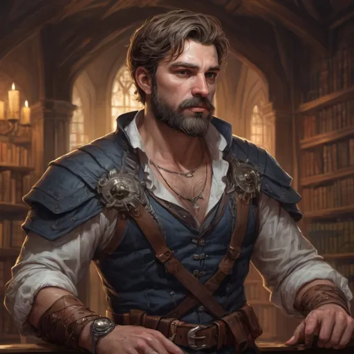 Prompt: Male stocky mature noble marksman, with short hair and beard, open shirt, hairy chest, in a dark library in a castle, pathfinder, d&d setting, in a realistic high quality digital art style, enhanced shadow quality, colorful