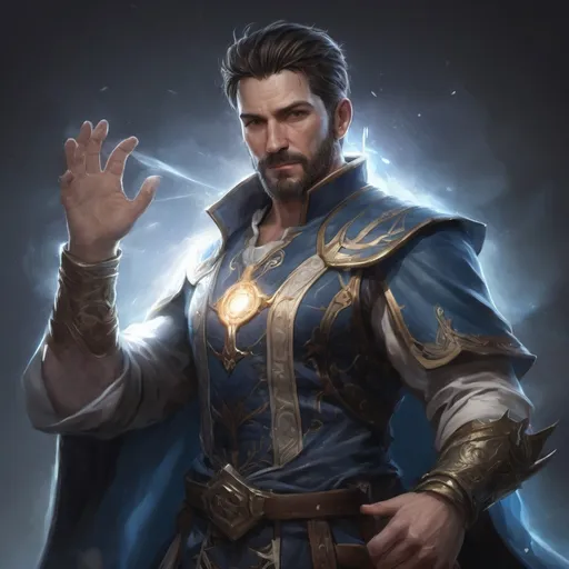 Prompt: (torso) Male stocky large fit 37-year old eidolon-summoner with short-cut hair and beard, casting a magic-ray out of hands in a windy path, pathfinder, d&d setting, in movement, hands up, in a realistic high quality digital art style, enhanced shadow quality
