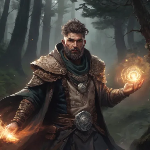 Prompt: (Full body) male stocky large shaman with short-cut hair and beard, casting a swirly light-spell, in a dark battle field in a forest, pathfinder, d&d setting, in a realistic high quality digital art style