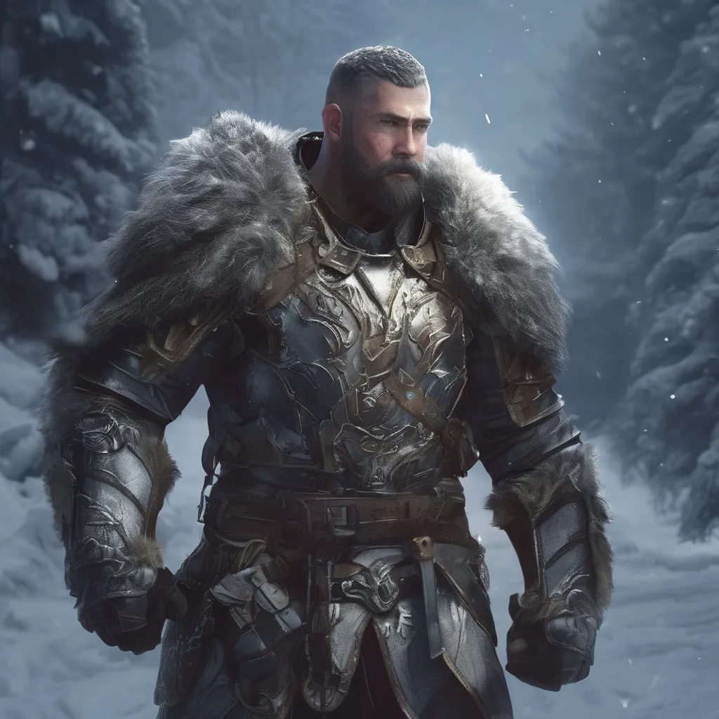 Prompt: (Full body) male handsome large muscular arctic knight with short hair and beard, outside of a cave by a forest at night, pathfinder, d&d setting, in a realistic high quality digital art style