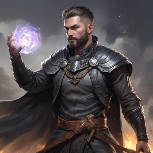 Prompt: (head and torso) Male heavy-set fit 30-year old hunky sorcerer with short-cut hair and beard, holding magic-spell, on a windy battlefield, pathfinder, d&d setting, enhanced shadow quality