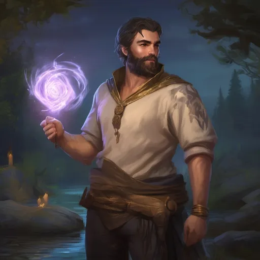 Prompt: (Full body) male stocky ranger with short-cut hair and beard, no shirt on, hairy chest, casting a swirly nature-spell, in nature at night pathfinder, d&d setting, in a realistic digital art style