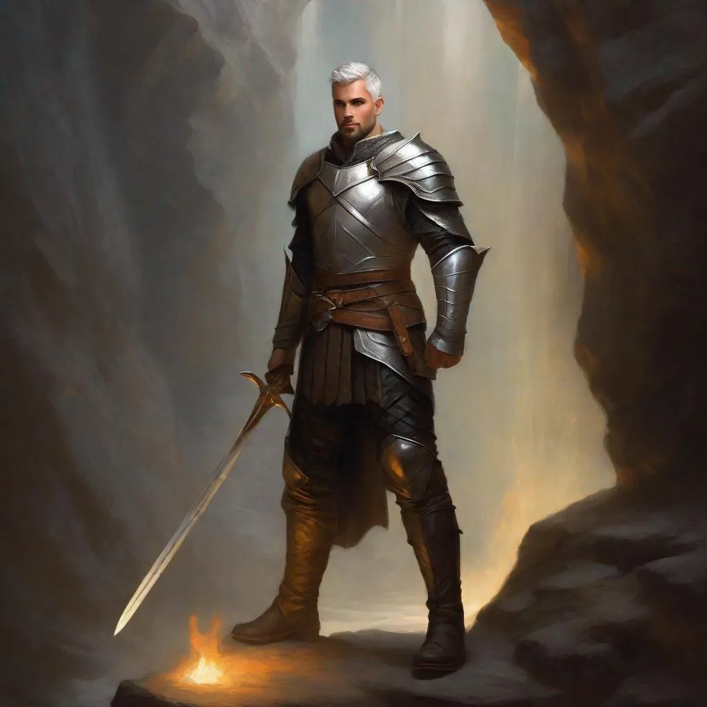 Prompt: (Full body) a paladin with short beard  grey short-cut hair no shirt on, belt, boots, leather pants, holding a sword, standing in a dark cavern, fantasy setting, dungeons & dragons, in a painted style realistic art