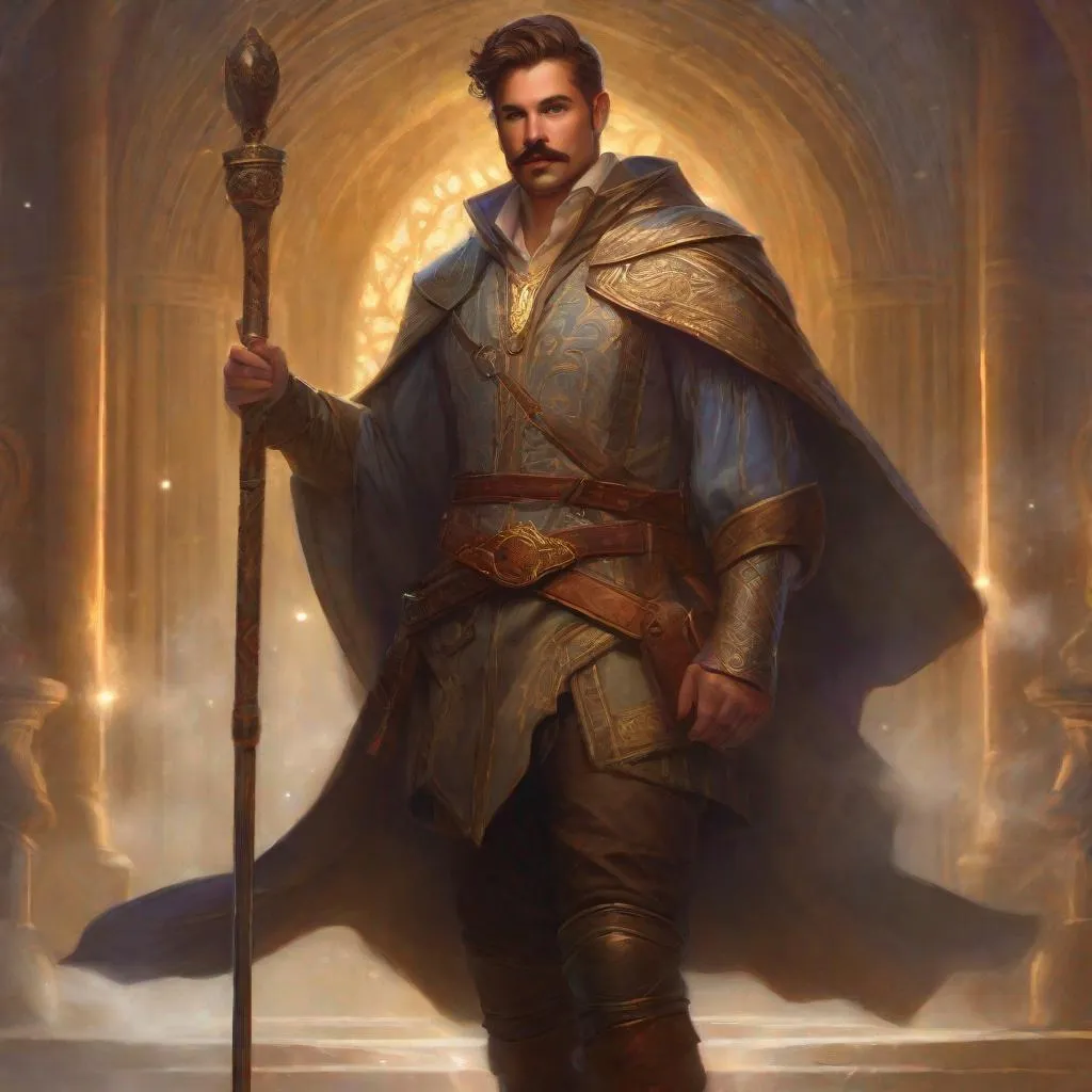 Prompt: (Full body) a male magus with mustache and stubble short-cut hair, handsome manly face, belt, boots, revealing clothing, hairy chest, holding magical staff, swirly lights, standing in a otherwordly dimention, fantasy setting, dungeons & dragons, in a painted style realistic art