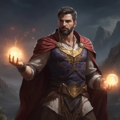 Prompt: male stocky heavy-set royal argentinian transmuter-magus with short-cut hair and beard, open shirt hairy chest, casting bright spell, in windy valley at night, pathfinder, d&d setting, realistic high quality, enhanced shadow quality