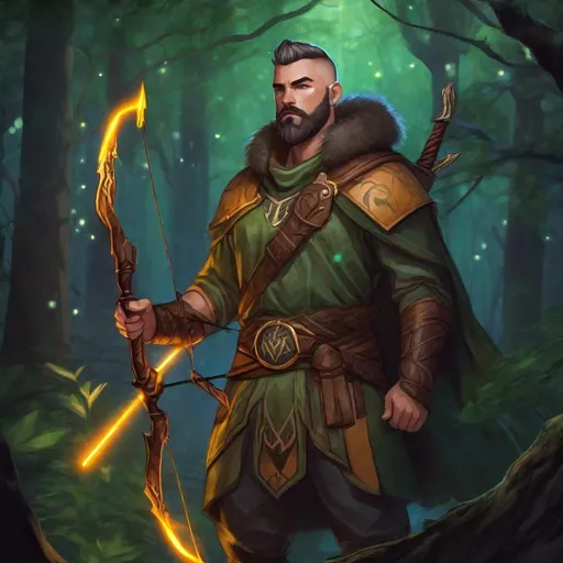 Prompt: (Full body) handsome male druid glowing eyes with buzz-cut hair beard, scar, manly face, holding a bow, pathfinder, dungeons and dragons, in a dark forest, in a painted style, realistic